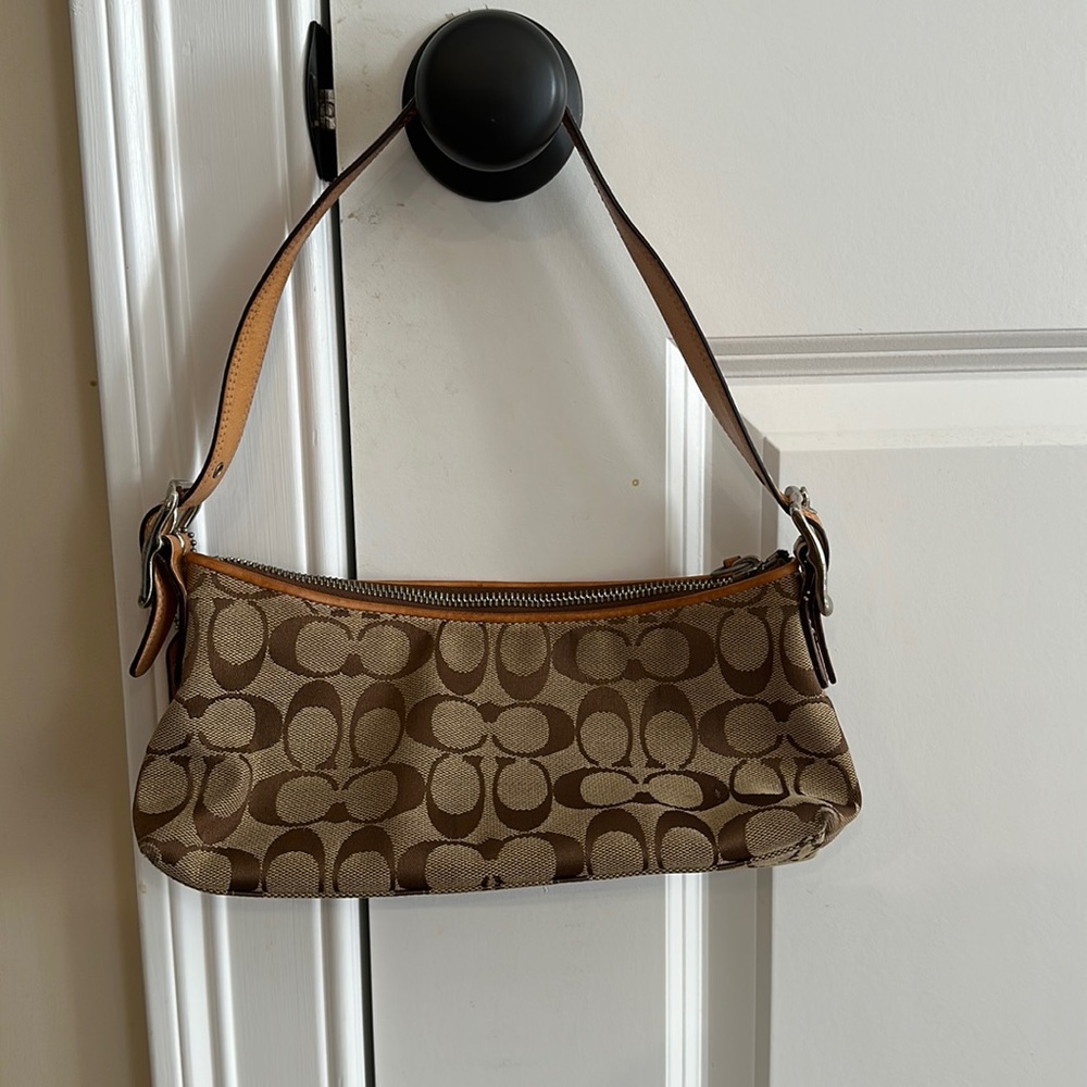 Vintage Coach Brown Signature Jacquard Shoulder Bag with Tan Leather Trim
